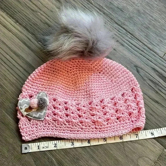 Hand crafted pink crochet girls  hat with heart and fuzzy pom pom - Picture 5 of 8